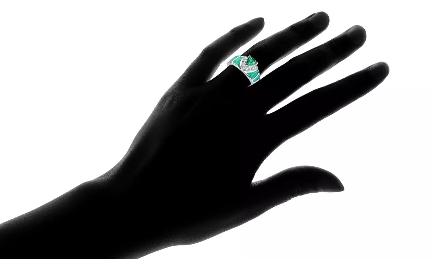 Mossy Green Opal Inlay Ring WithTrillion-Cut Lab-Created Emerald - Second Medium