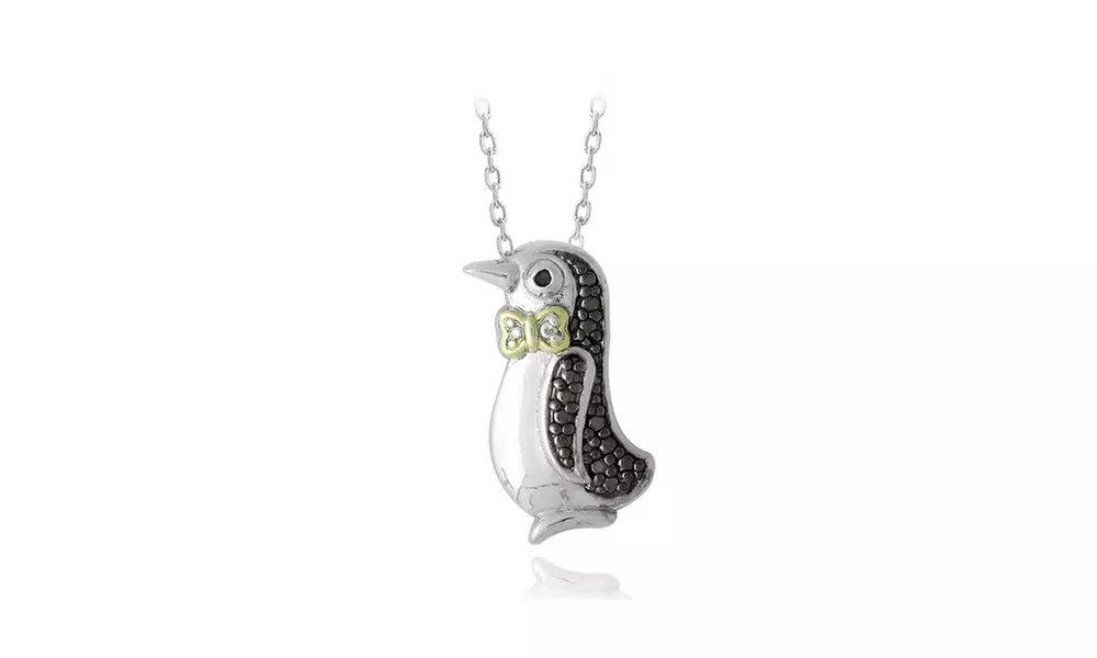 Silver Tone Two Tone Black Diamond Accent Penguin Necklace - Primary Image