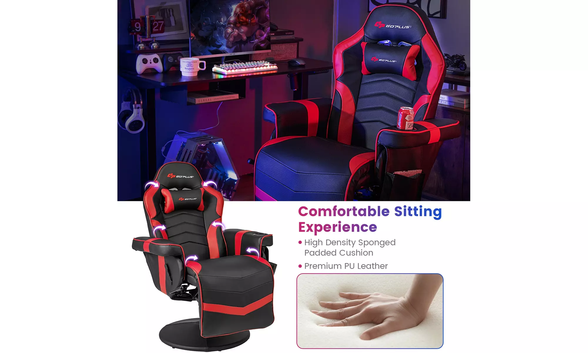 Costway Massage Gaming Chair - Adjustable Racing Swivel Chair with Cup Holder