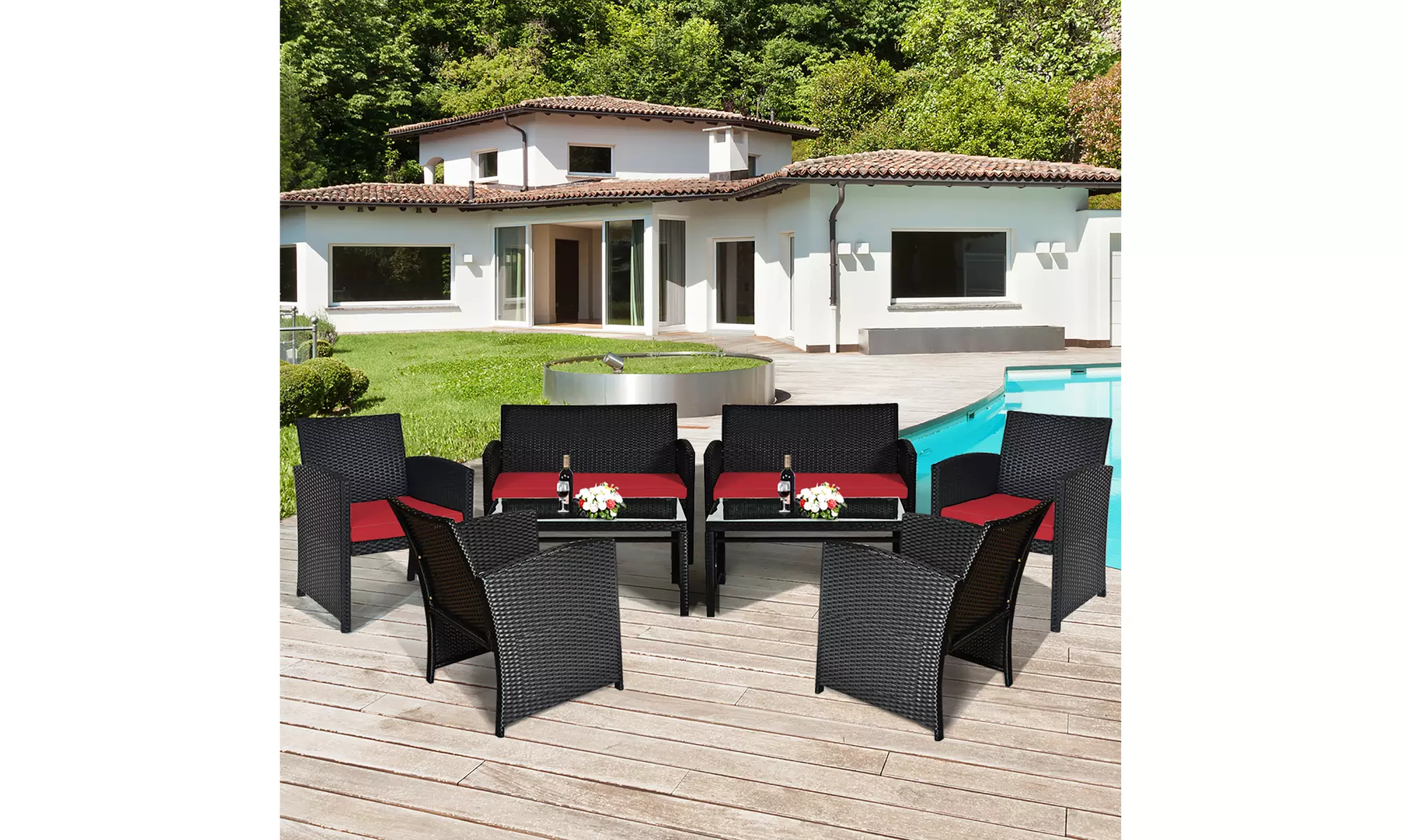 Costway 8PCS Patio Rattan Furniture Conversation Set Cushion Sofa Table Garden - Primary Image