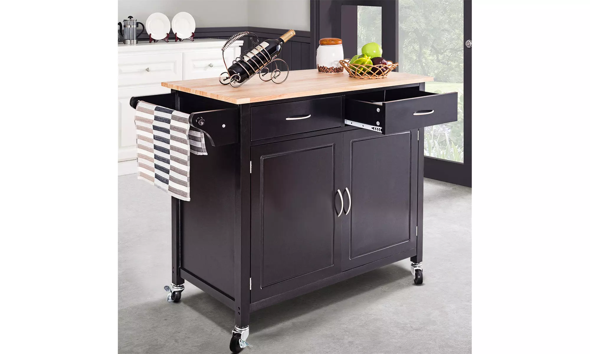 Rolling Kitchen Cart Island Wood Top Storage Trolley Cabinet Utility Modern