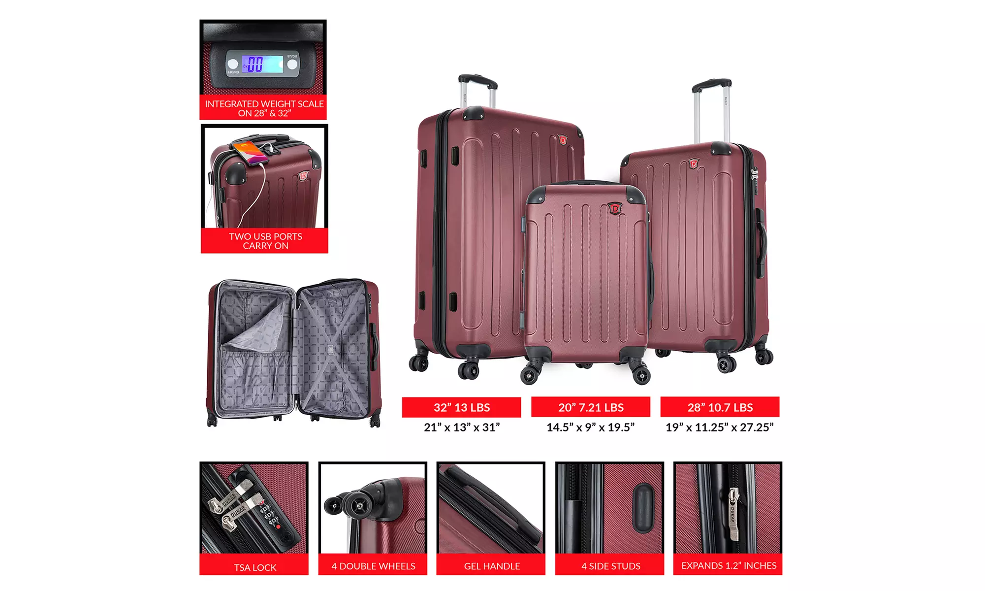 Three-Piece DUKAP Intely Smart Hardside Luggage Set 20"/28"/32"