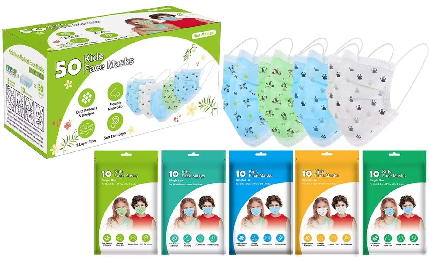 Kids 3-Ply Disposable Protective Face Masks for Boys & Girls (50-Pack)