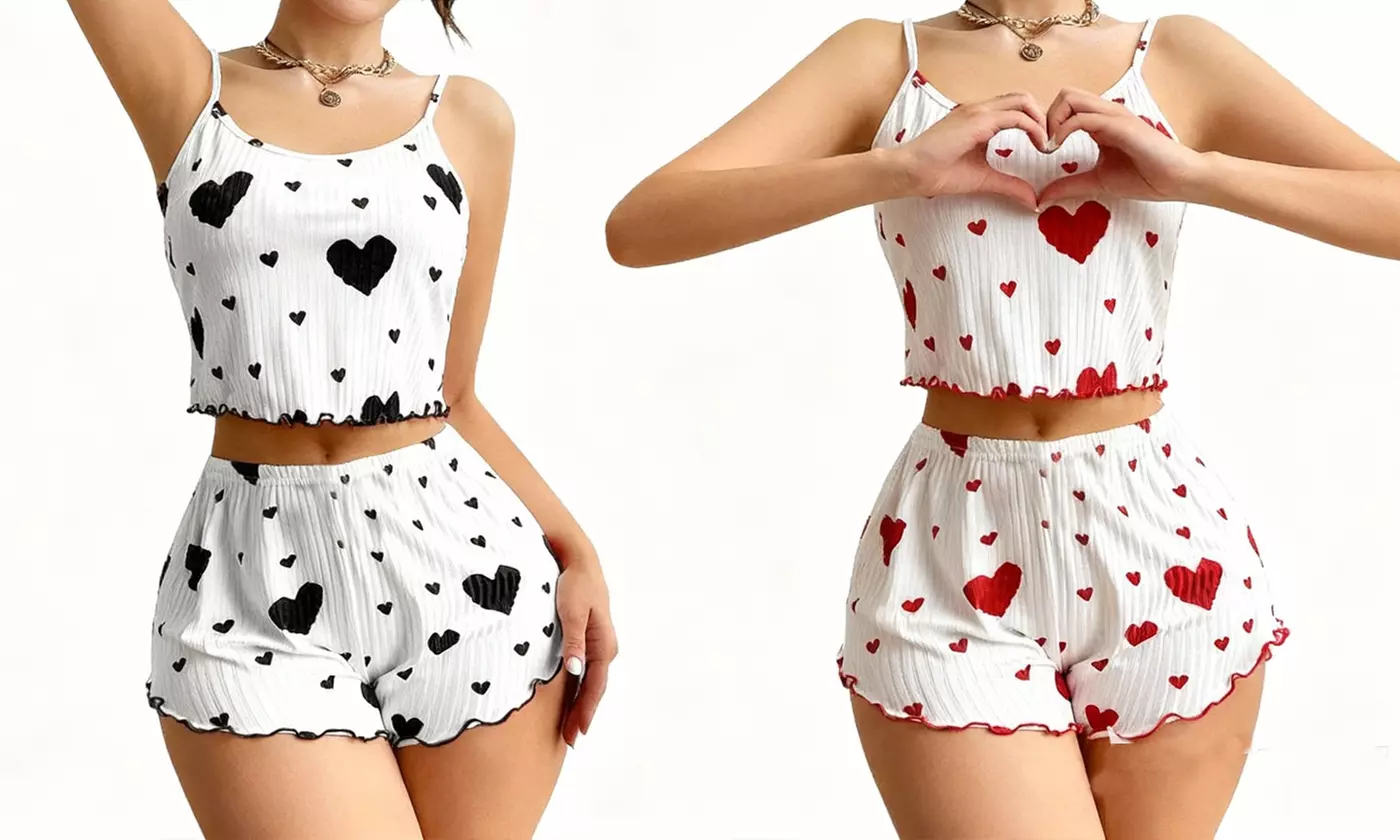 Women 2-Piece Cute Heart Print Pajama Set Cami Top & Shorts Summer Sleepwear