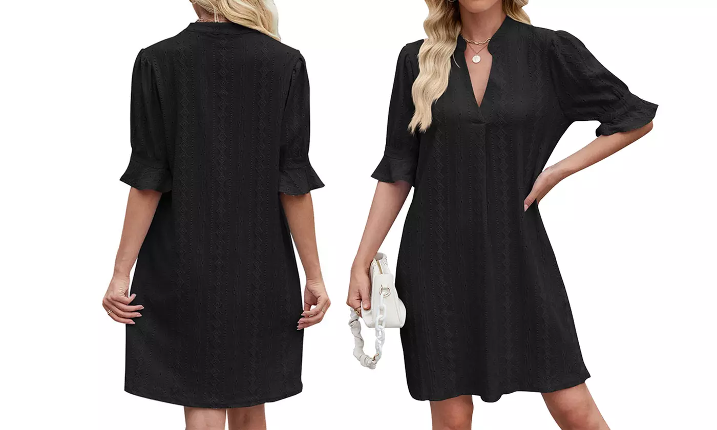 Women's V Neck Ruffled Half Sleeves Shift Dress Flowy Summer Beach Cover Up