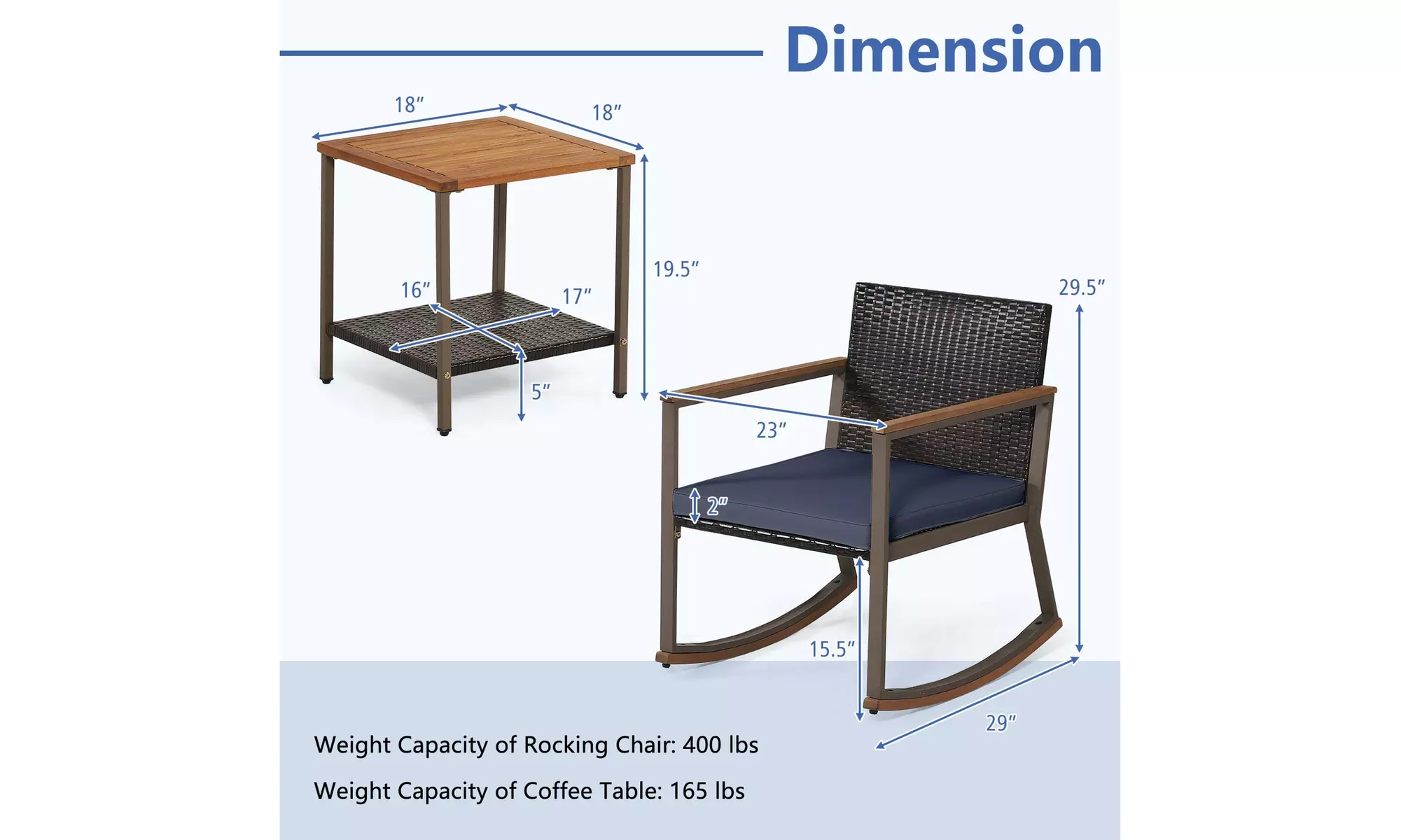 Costway 3 PCS Patio Rattan Rocking Chair Bistro Set Armrest Cushion Table