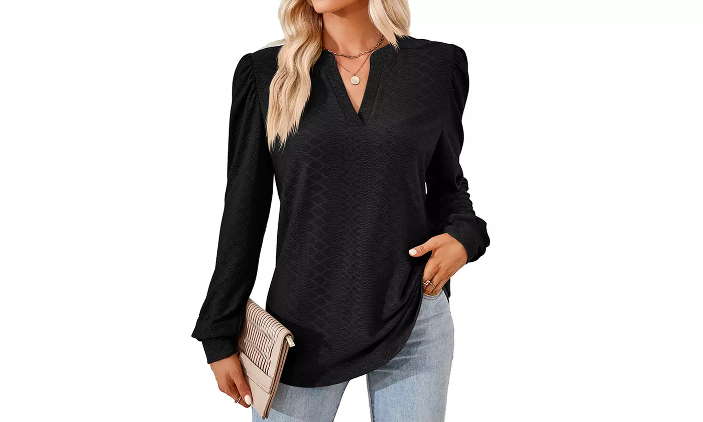 Women Long Sleeve V Neck Tunic Blouse