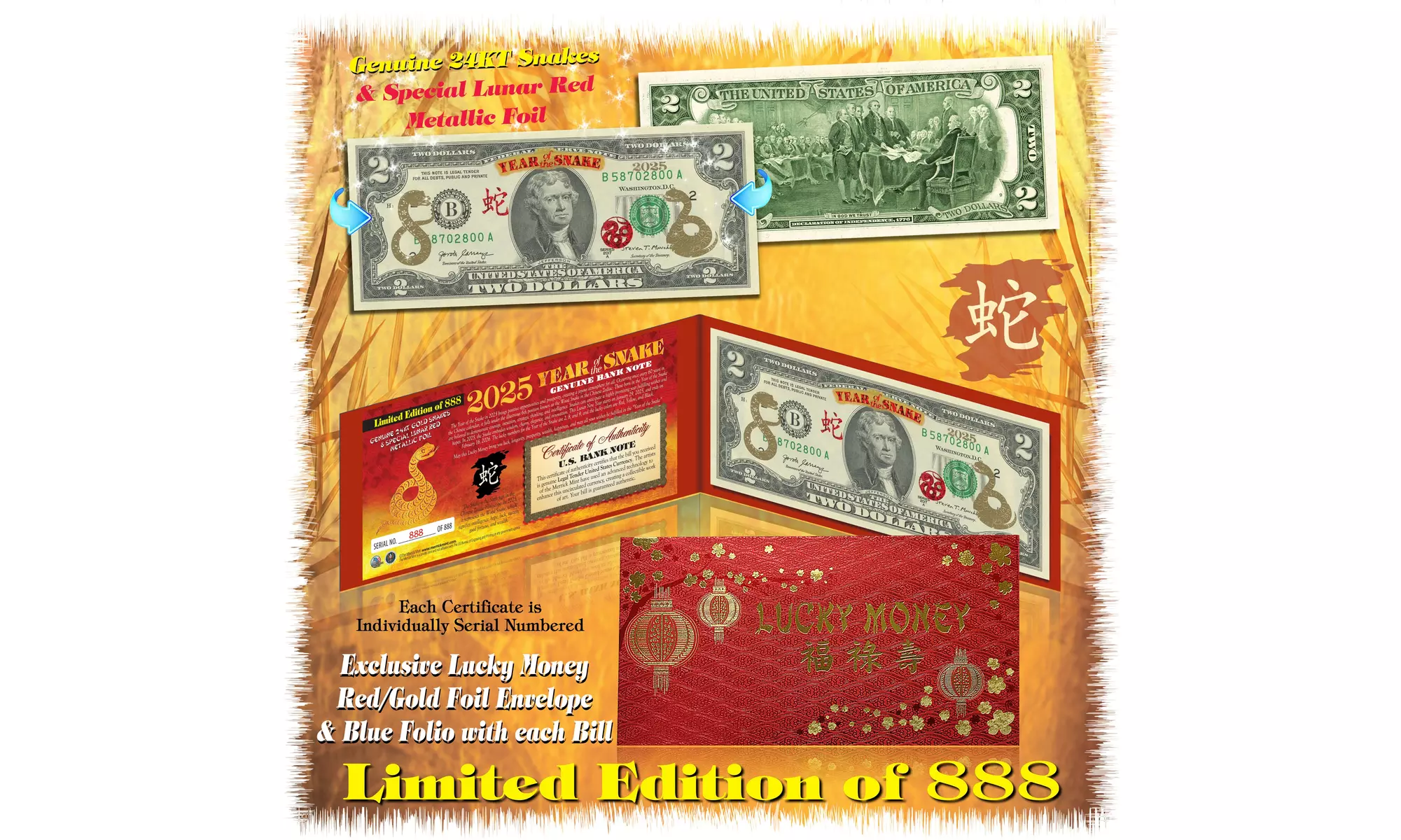 24KT Gold 2025 Year of the SNAKE Chinese New Year 2.00 Dollar Bill Ltd of 888 - Primary Image