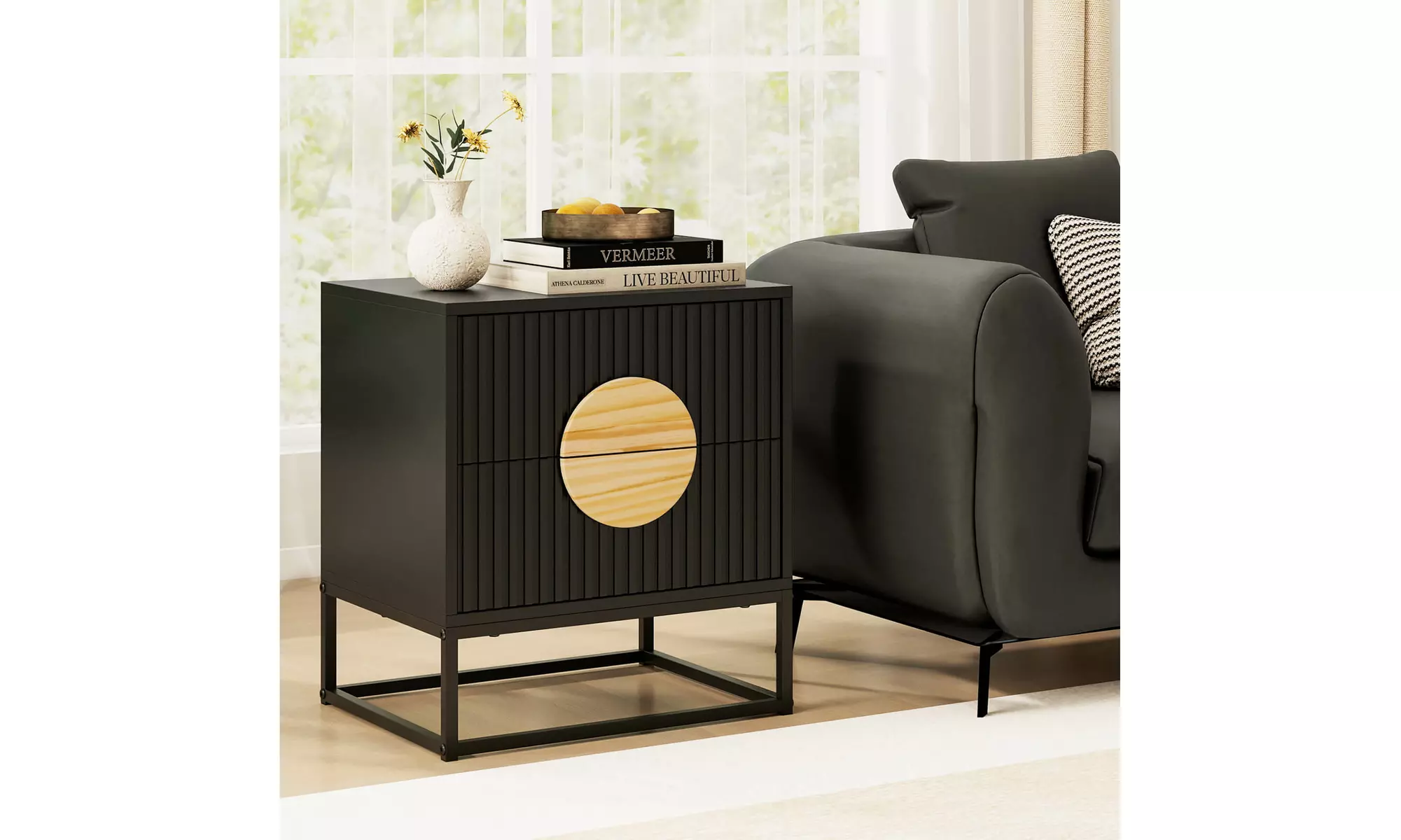 Costway Fluted Nightstand with 2 Drawers with Pine Wood Handles & Metal Frame