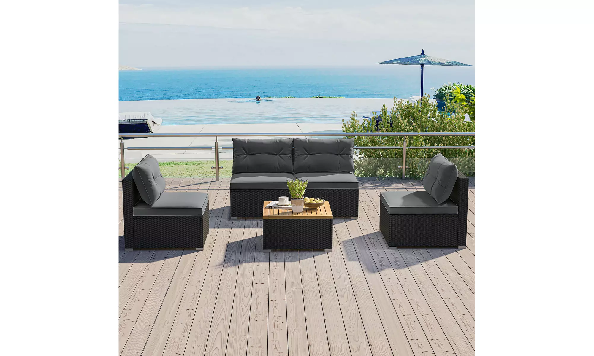 5 Piece Patio Rattan Furniture Set Acacia Wood Table Top Sofa Cushion Deck