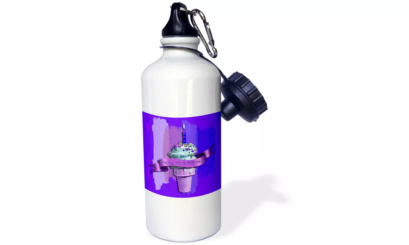  Water Bottle Happy 101st Birthday, Strawberry Ice Cream Cone on Abstract, Purpl - Primary Image