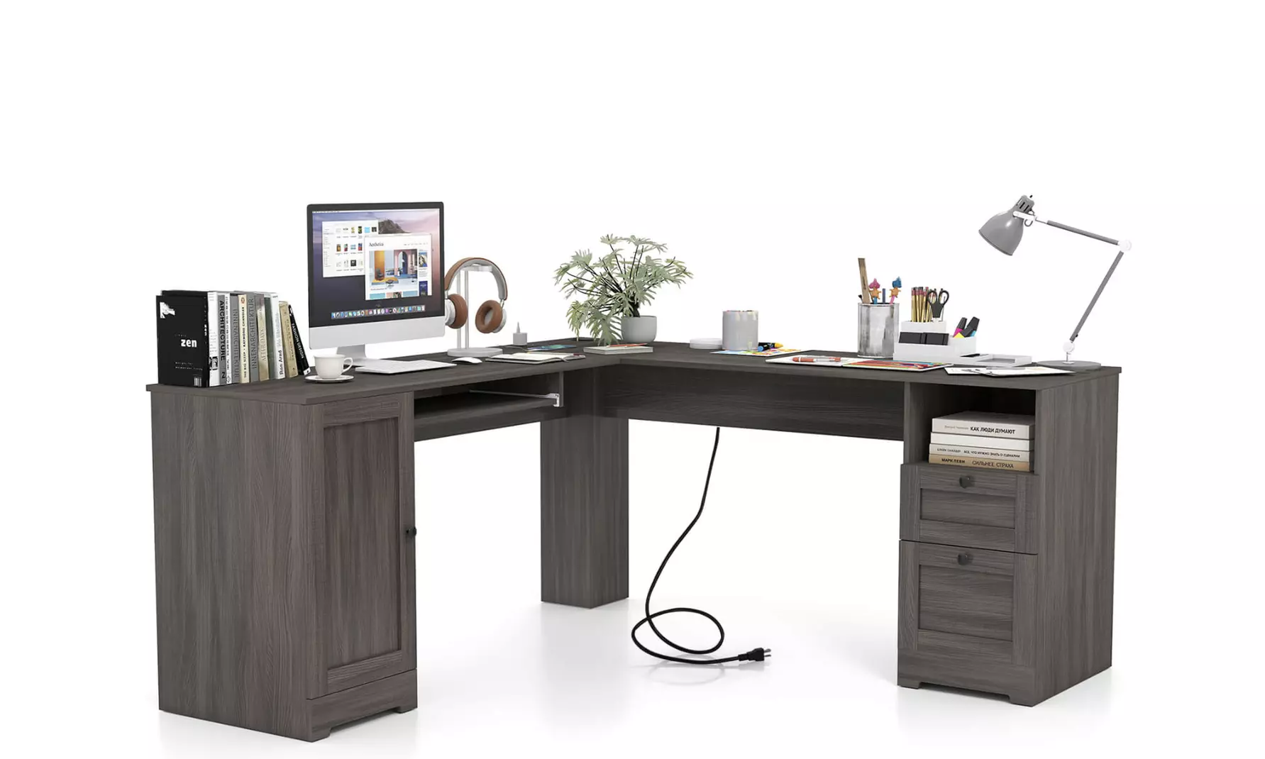 L-Shaped Corner Computer Desk with Drawers, Study Table with Storage
