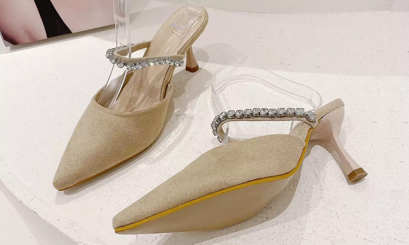 Women Elegant Rhinestone Strap Slip On Suede High-heeled Mules for Holiday Party