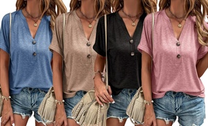 Women Short Sleeve V Neck Button Tops Blouses Trendy Casual Shirts Tunic