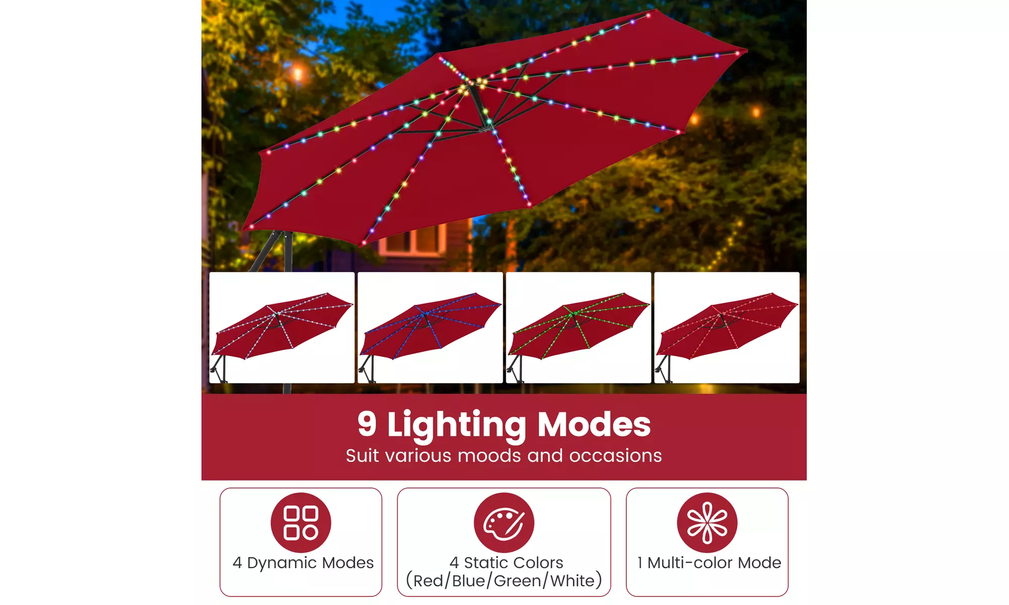 Costway 10 FT Solar Offset Hanging Umbrella with Base