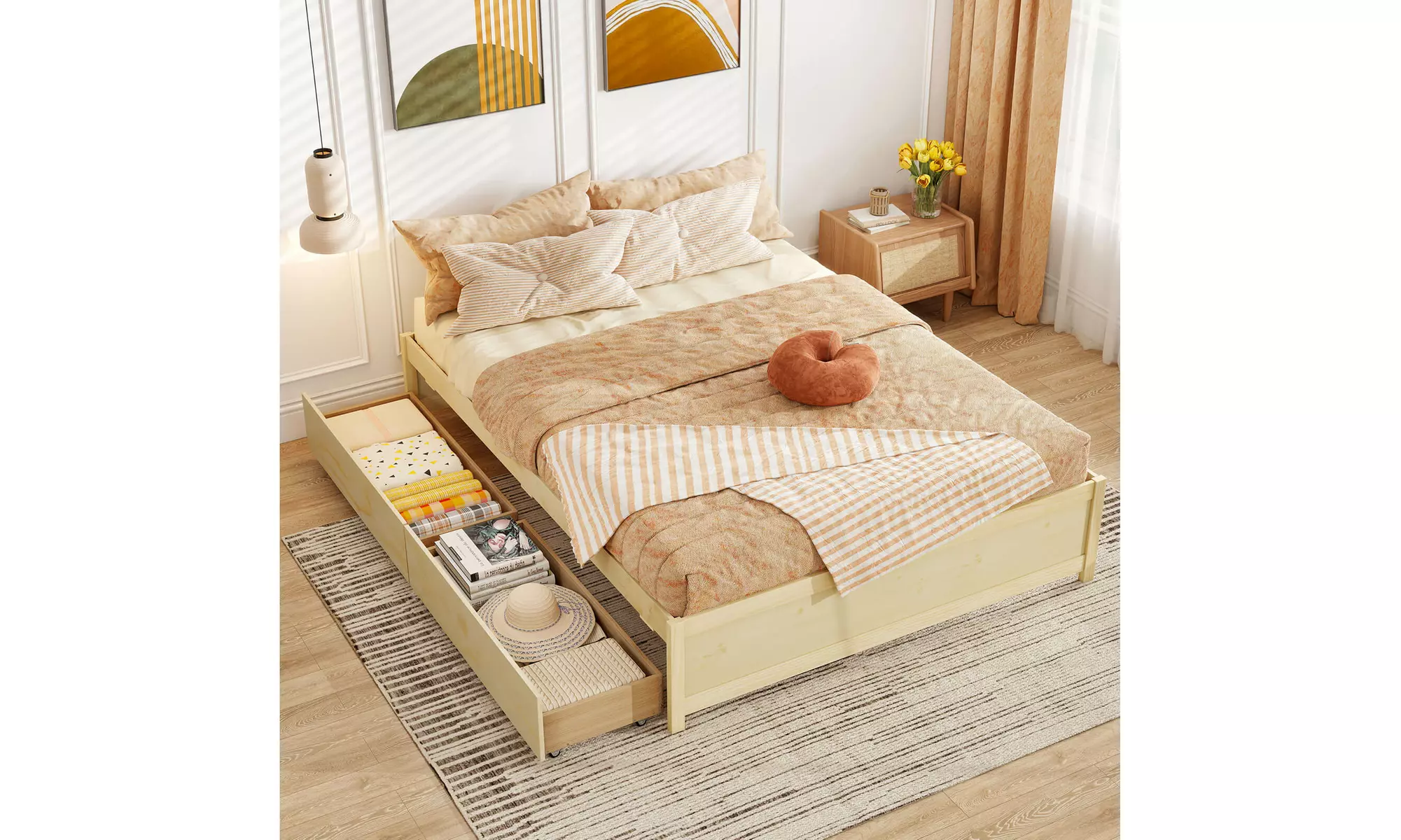 Costway Wooden Platform Bed Frame with 2 Rolling Storage Drawers