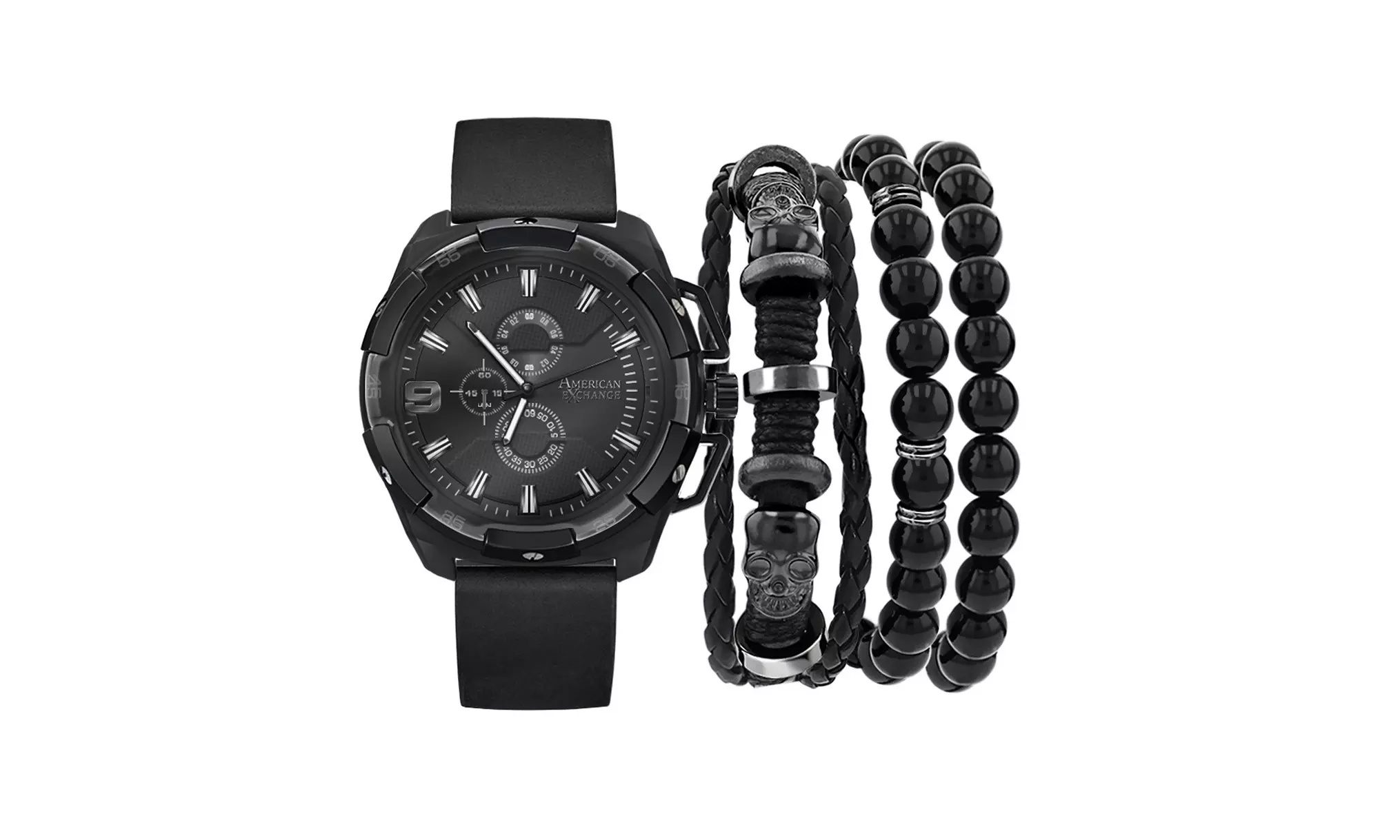 American Exchange Men's Gunmetal/Black Watch With Assorted Stackable Bracelets - Primary Image