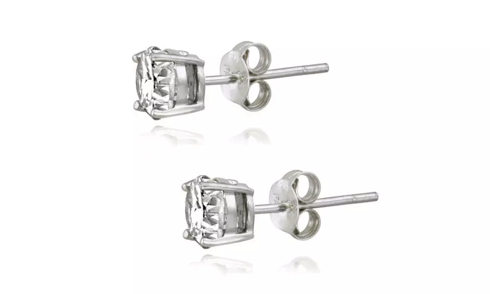 Platinum Plated 100 Facets Cubic Zirconia Stud Earrings (2cttw) - Second Medium