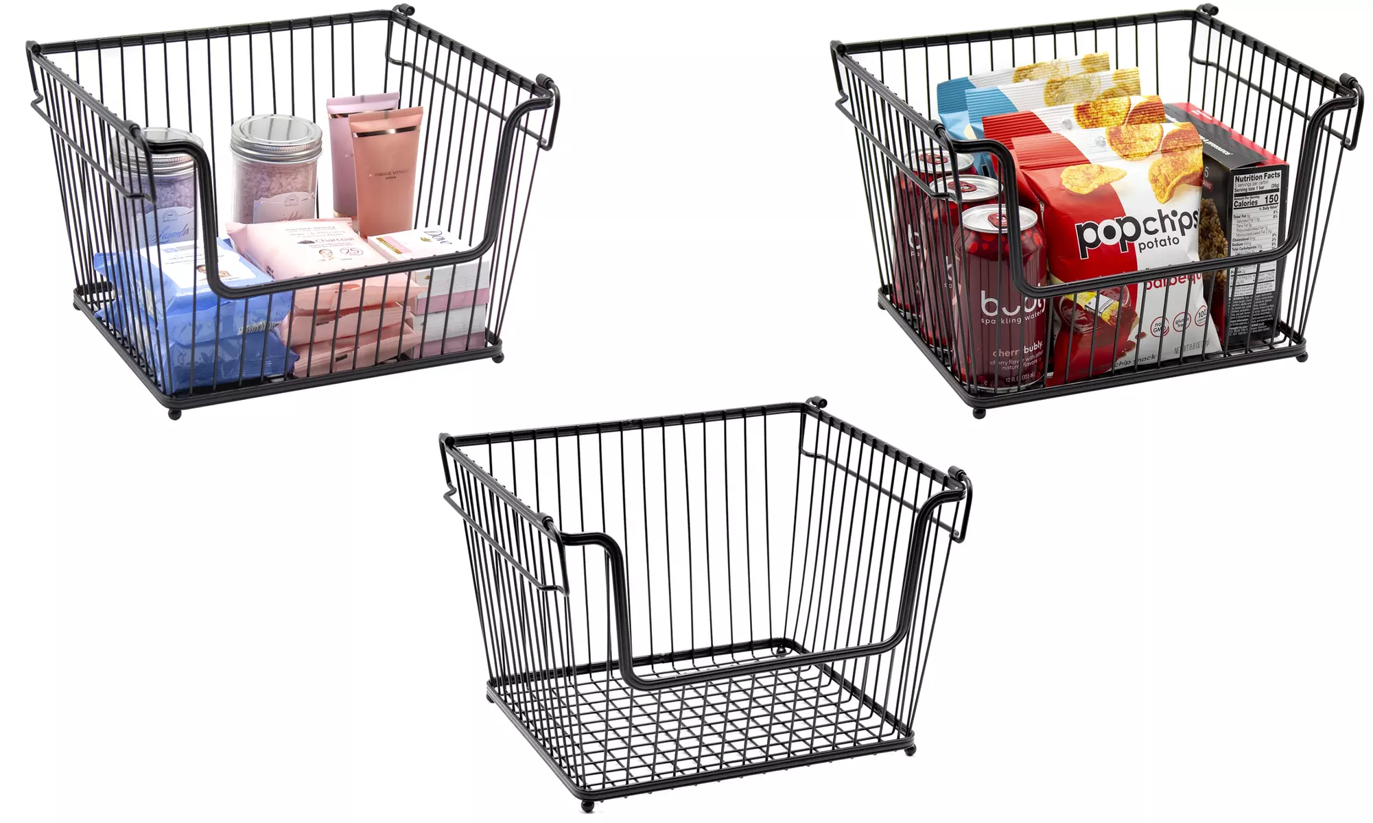 3-Pk Farmhouse Wire Metal Basket Bin - Stackable Storage for Home Kitchen Pantry - Primary Image