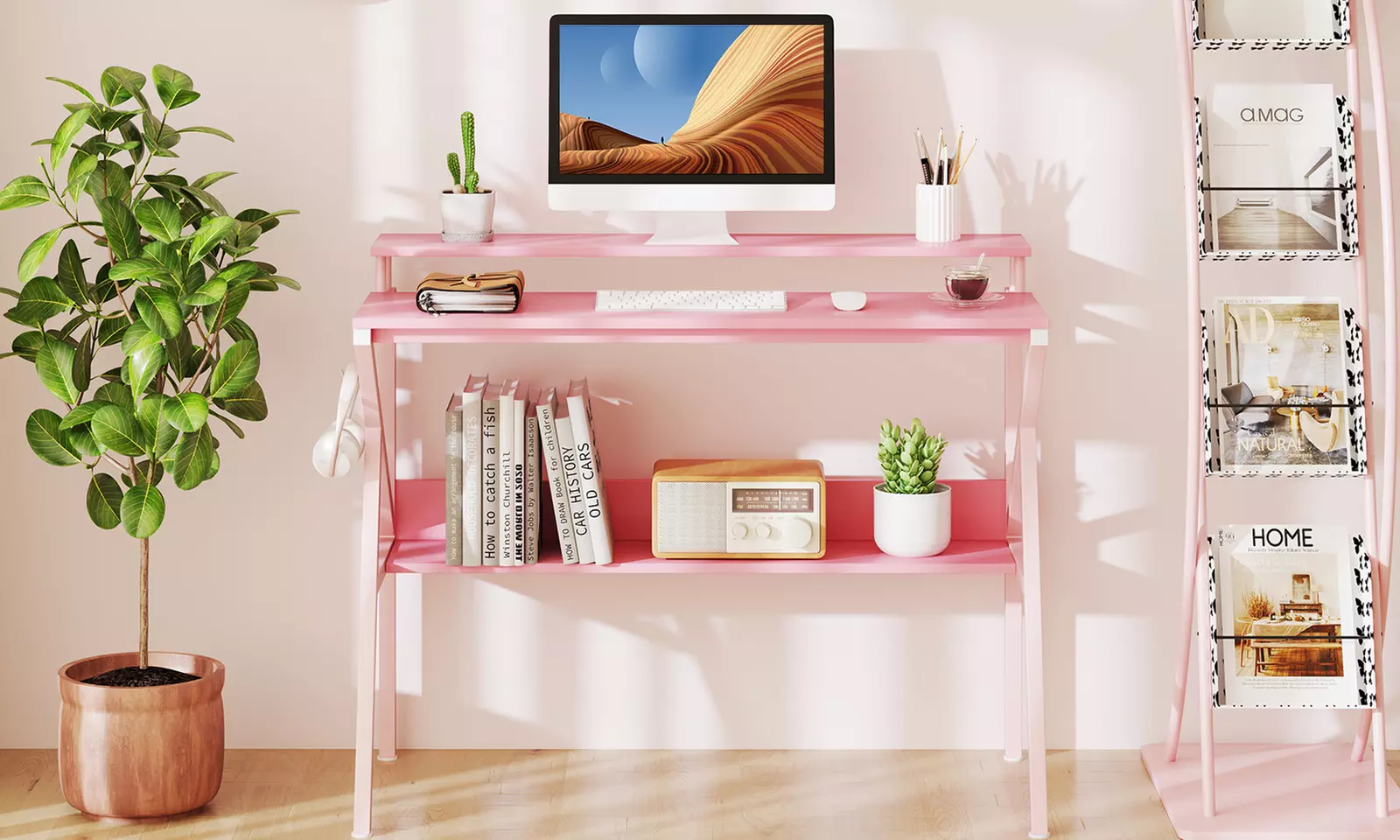 Costway Home Office Desk with Monitor Stand, Open Shelf and Metal Frame