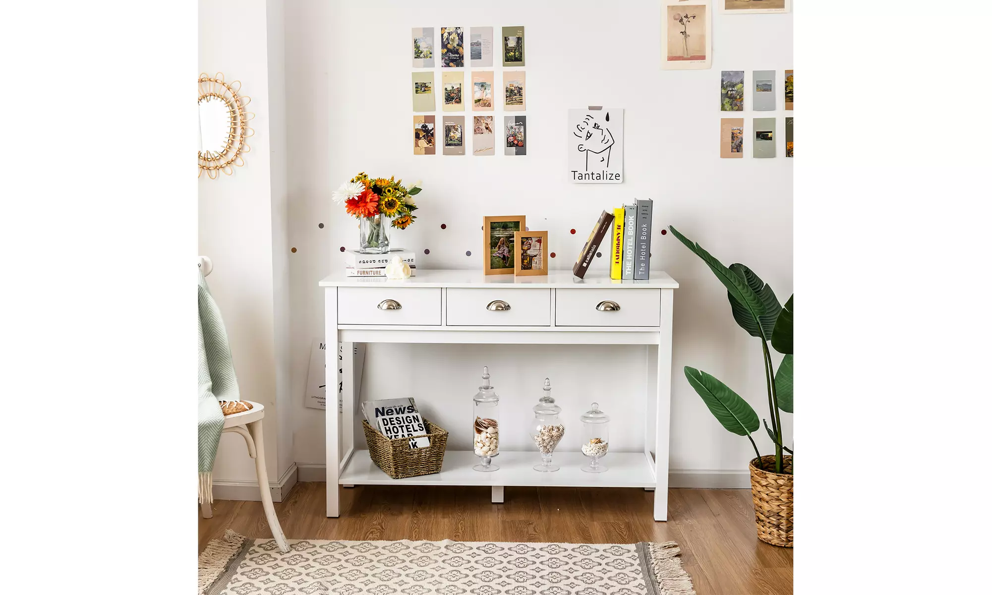 Costway Console Table with 3 Drawers Bottom Shelf Sofa Side Table Entryway White