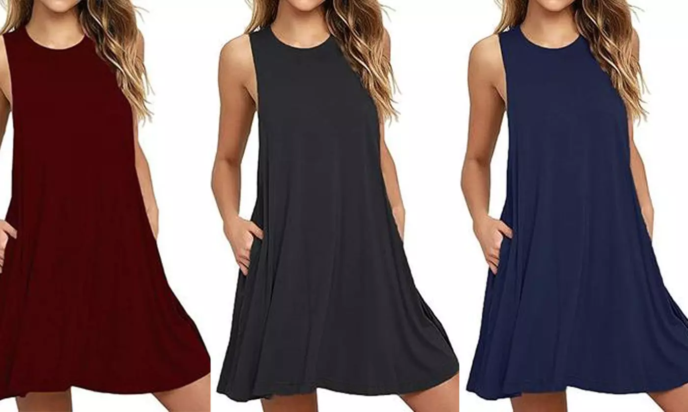 Women Summer New Casual Sleeveless Dress Round Neck Pocket Vest Beach Skirt - Primary Image