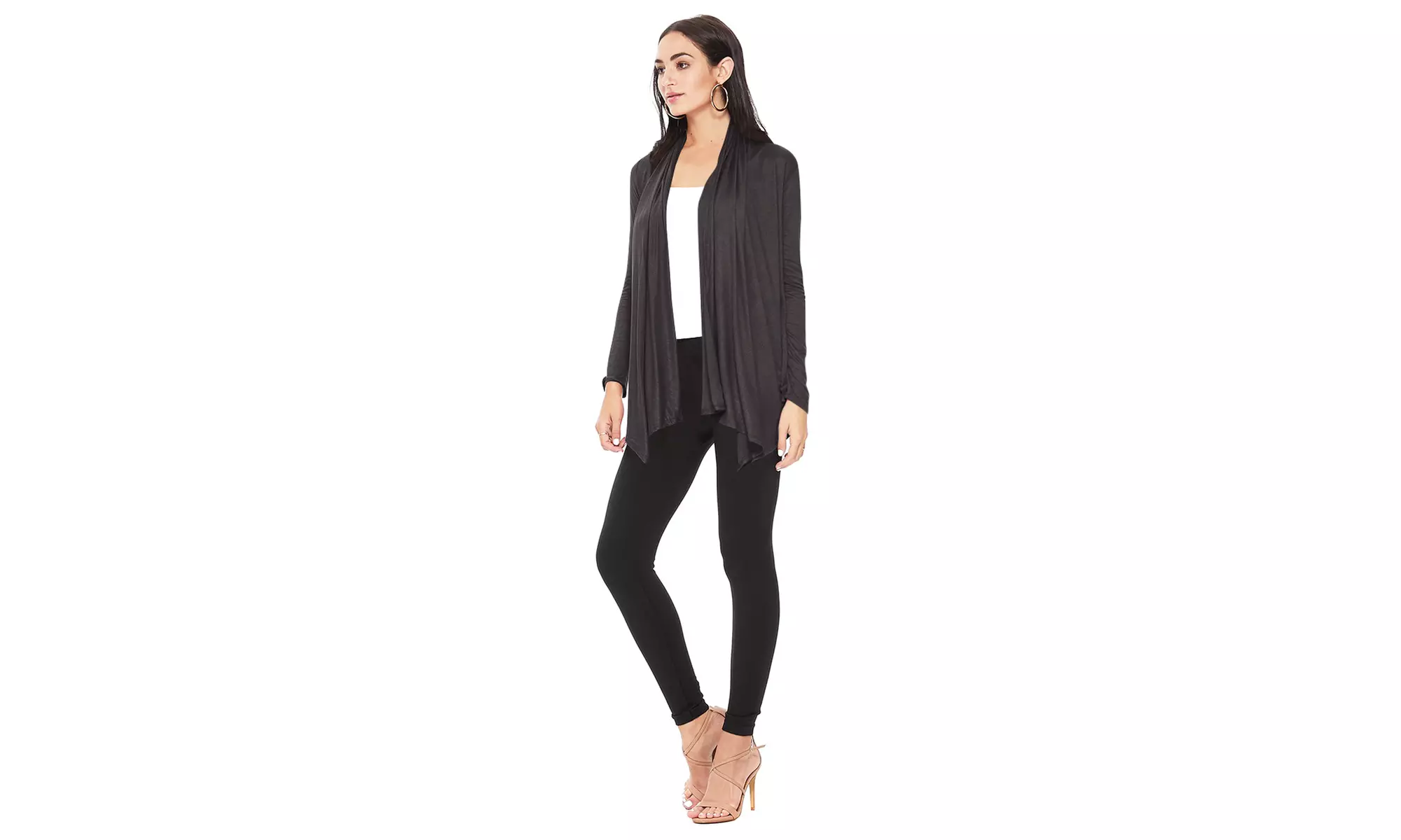 Long Sleeve Relaxed Loose Fit Draped Neck Open Front Waist Length Solid Cardigan