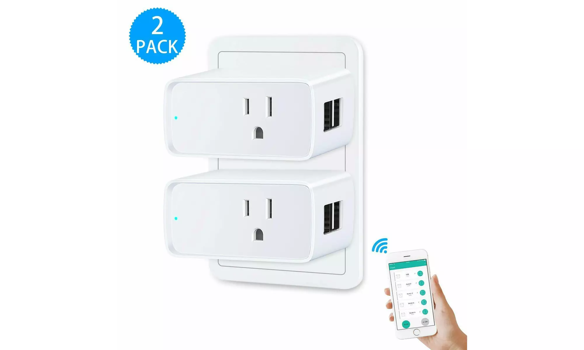 2 Pack WiFi Smart Plug APP Remote Control Wireless Socket Timer Outlet USB Port - Primary Image