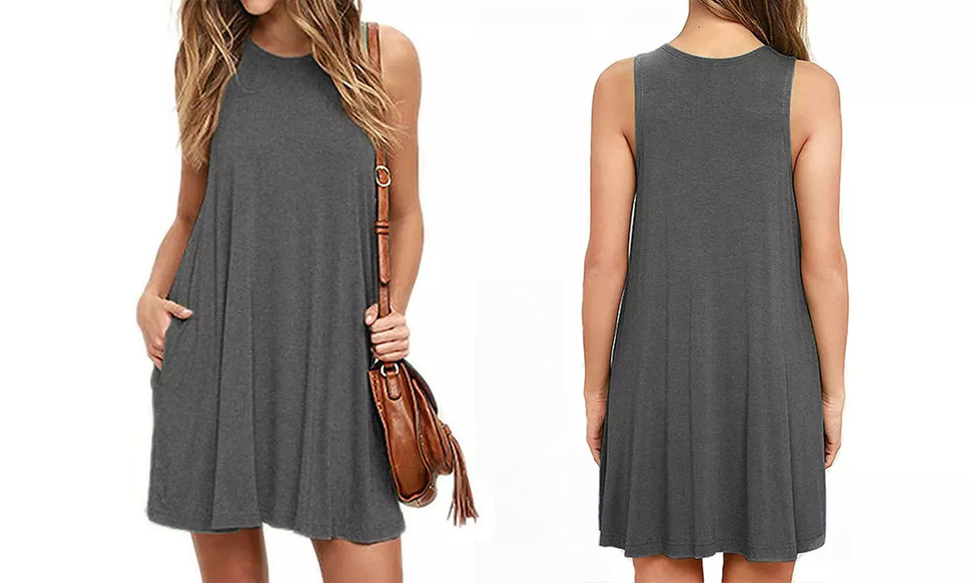 Women's Summer Sleeveless Round Neckline T-Shirt Loose Dress with Side Pockets