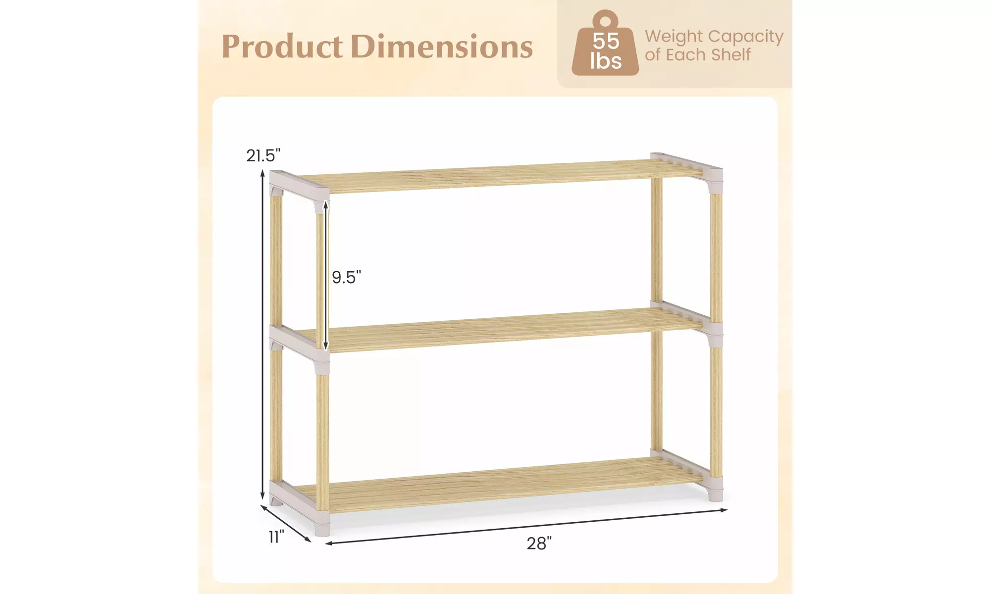 Costway Solid Wood Shoe Shelf Stand with Slatted Open Shelves for Entryway