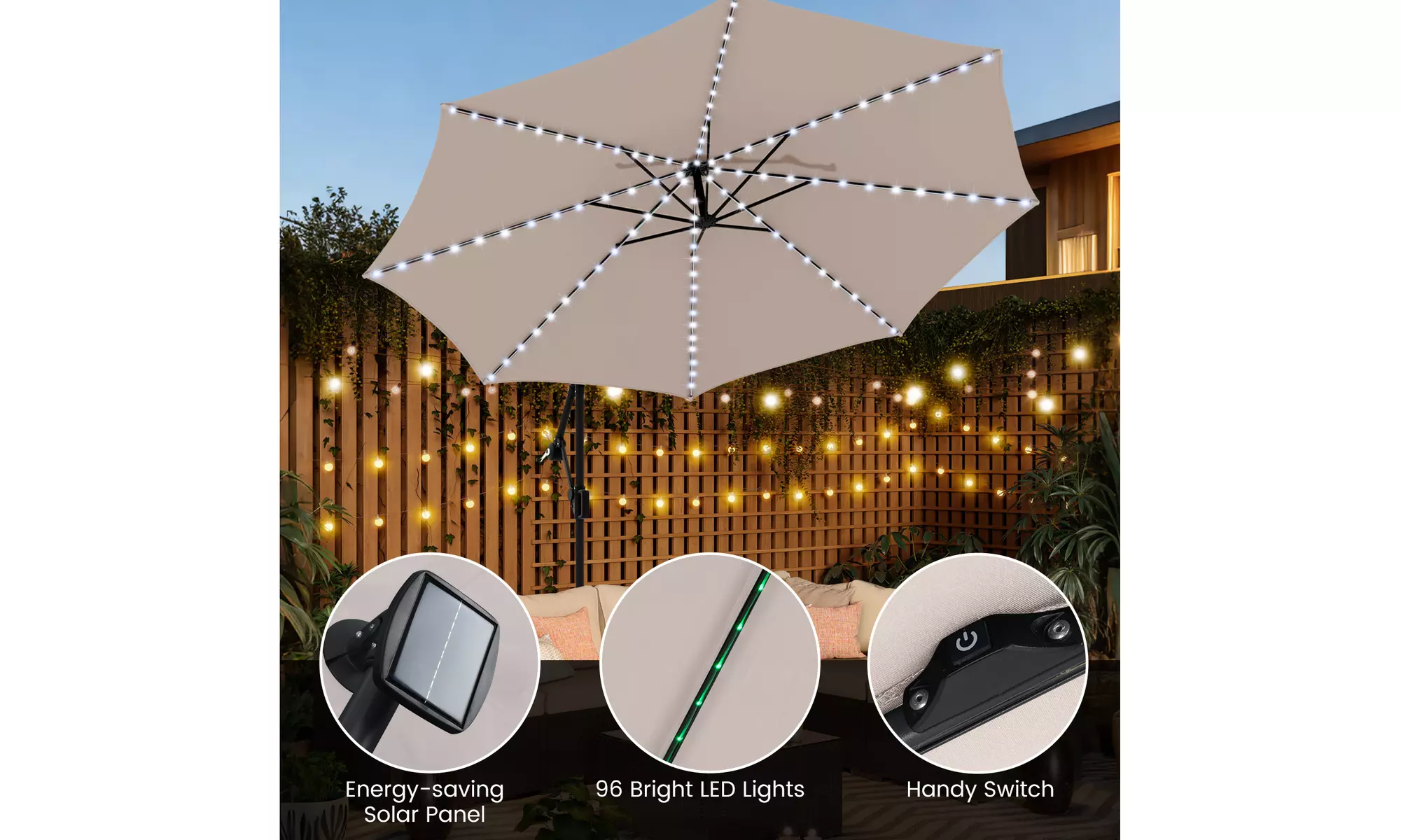 Costway 10 FT Solar Offset Hanging Umbrella with Base