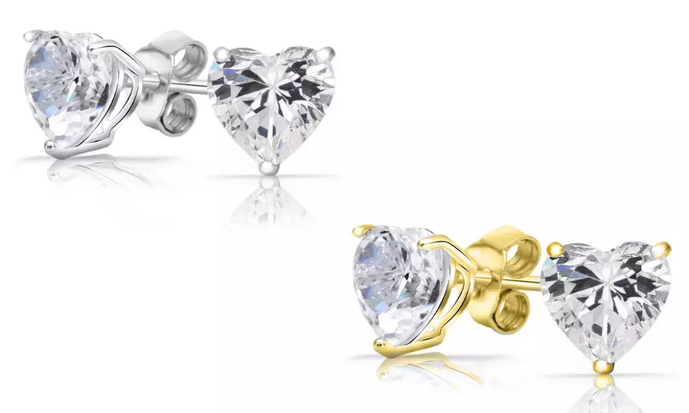 14k Solid Gold Heart Cut  Stud Earring 2.00 CT Made With Crystals From Swarovski