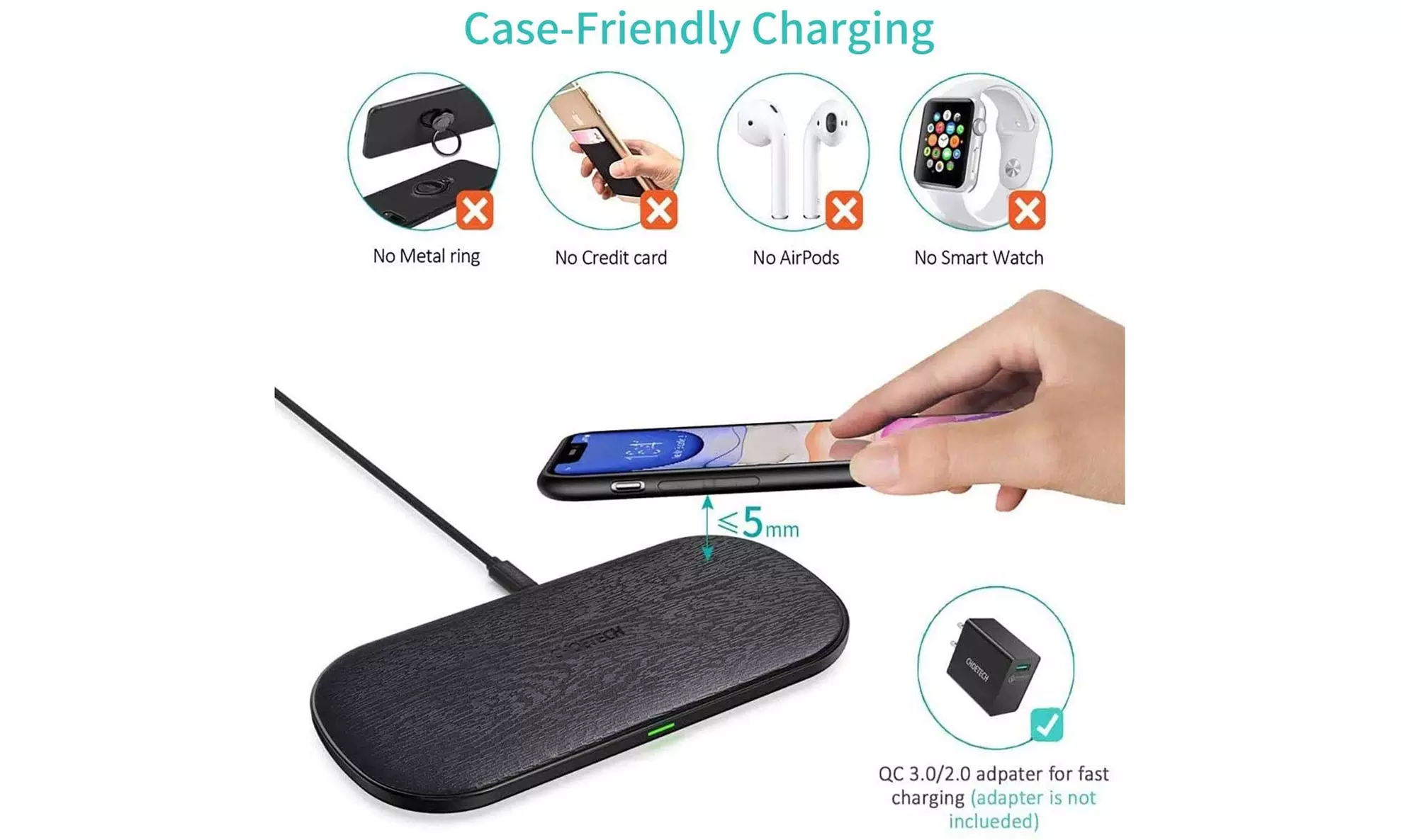 Dual Wireless Charger Fast Qi 5-Coil Charging Pad for iPhone Google Samsung Duo