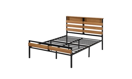 Metal And Wood Bed Frame With Headboard And Footboard Black Twin Size