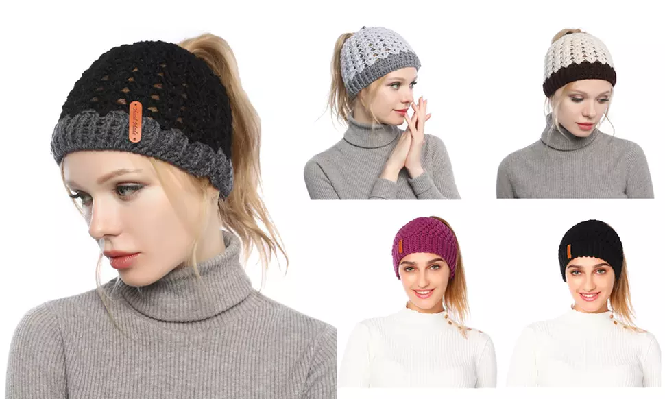 Women Winter Ponytail Beanie Hat Warm Knitted Messy Bun Cap - Primary Image