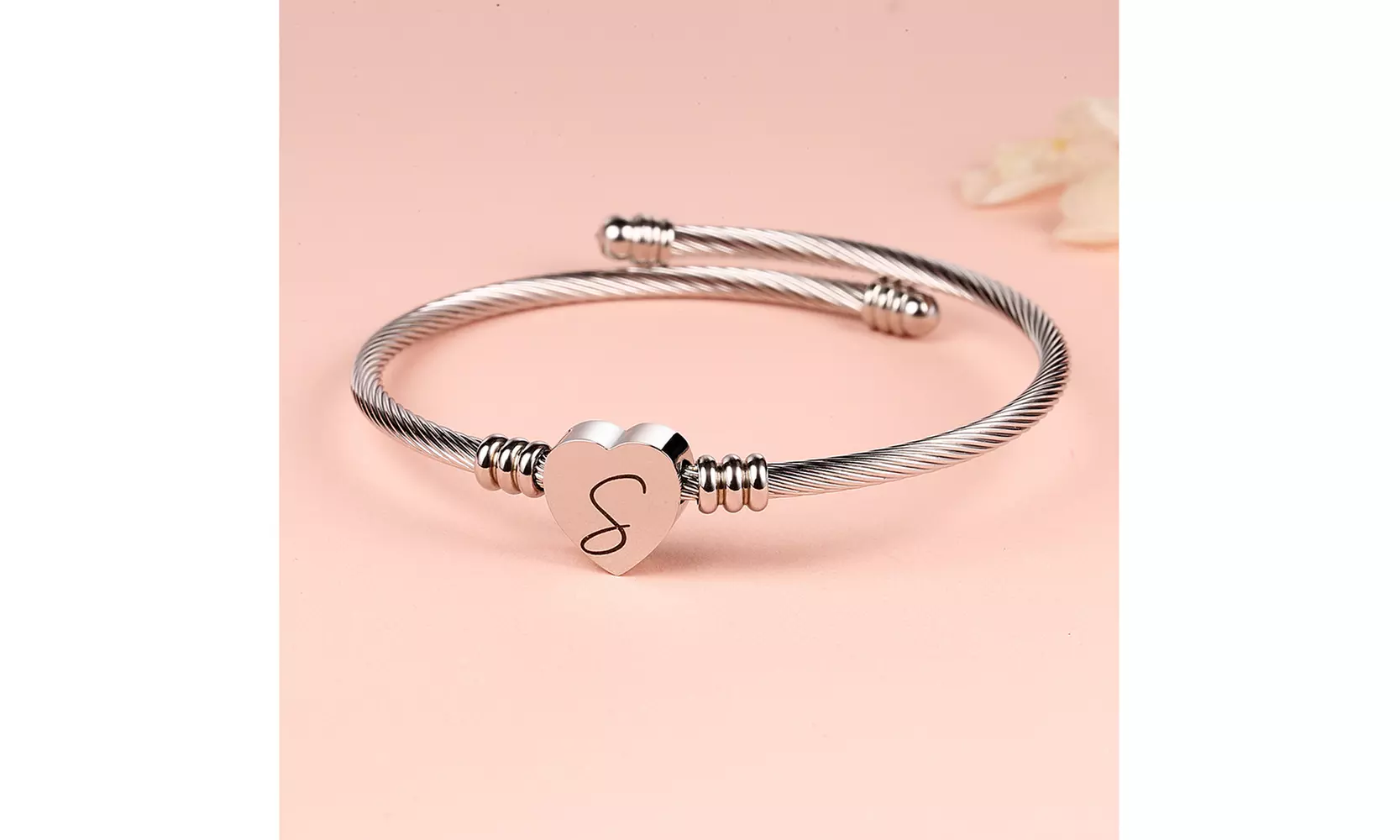 Twisted Steel Heart Cable Initial Bracelet