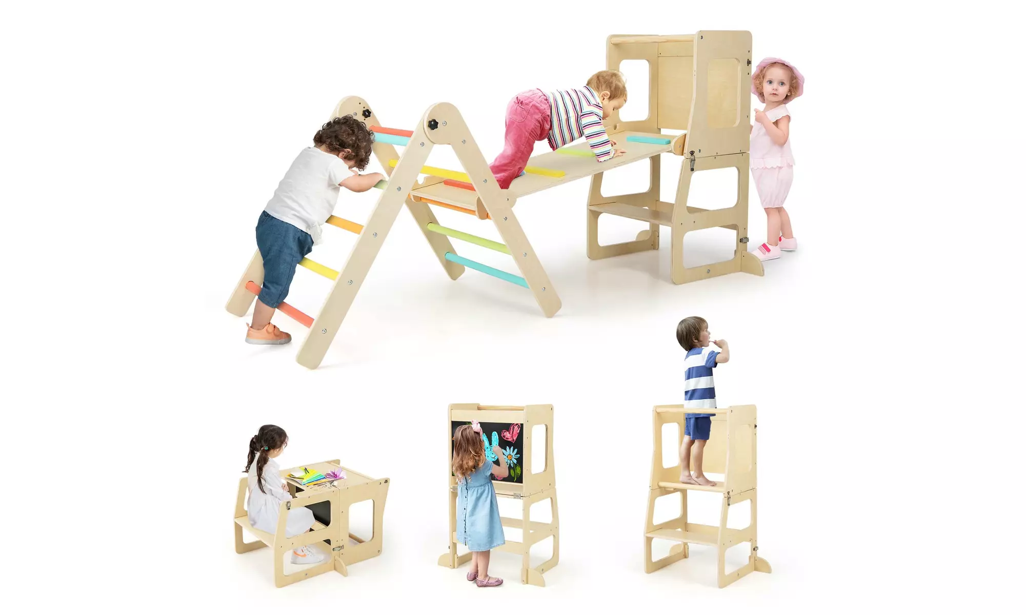 7-in-1 Toddler Climbing Toy Set w/ Reversible Ramp Convertible Step Stool