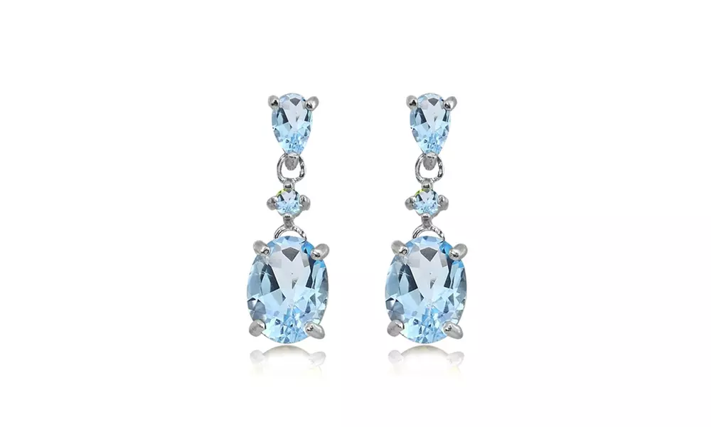 Sterling Silver Blue Topaz Oval Three Stone Dangling Stud Earrings - Primary Image