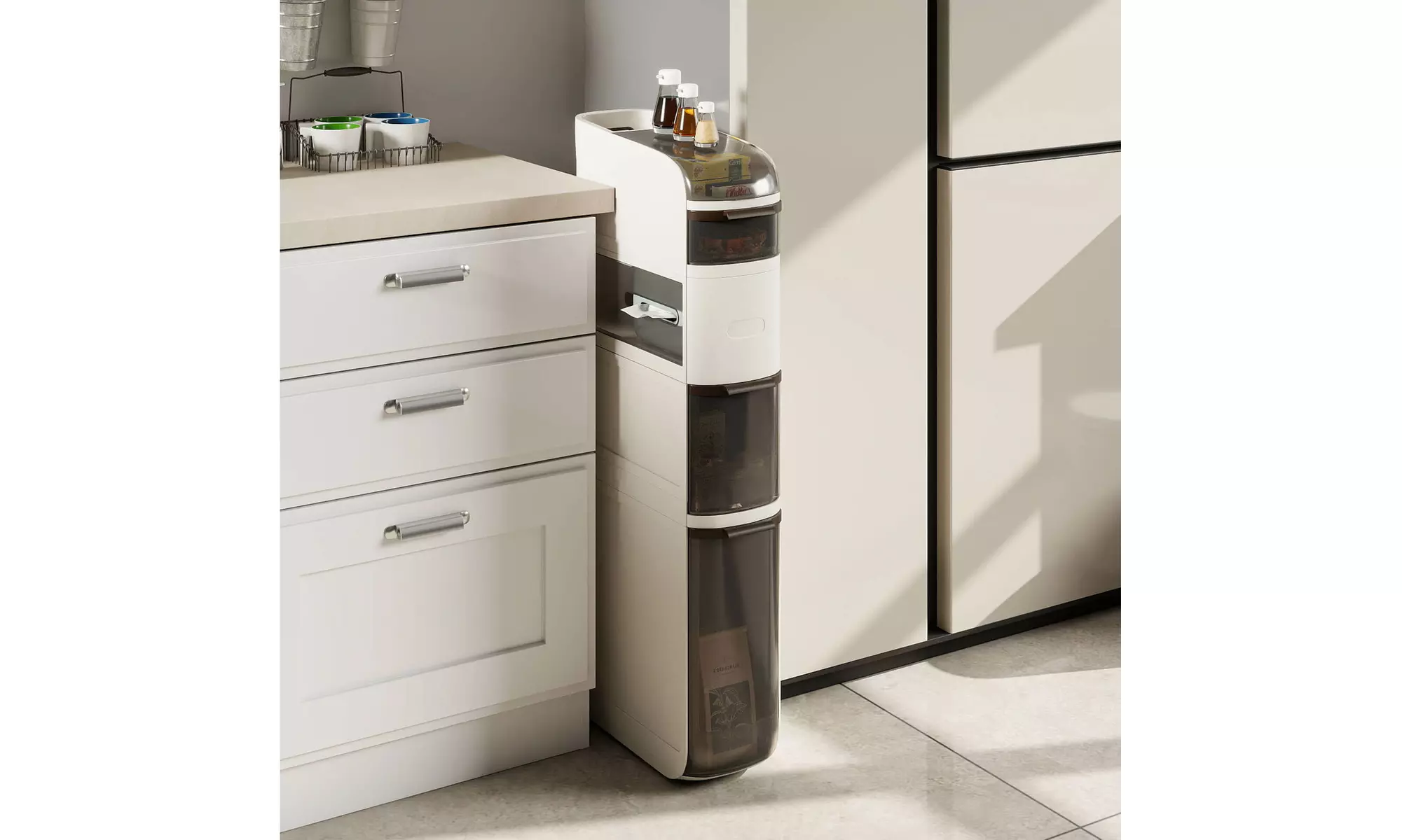 Costway Narrow Bathroom Storage Cabinet with Drawers Tissue Box Wheels