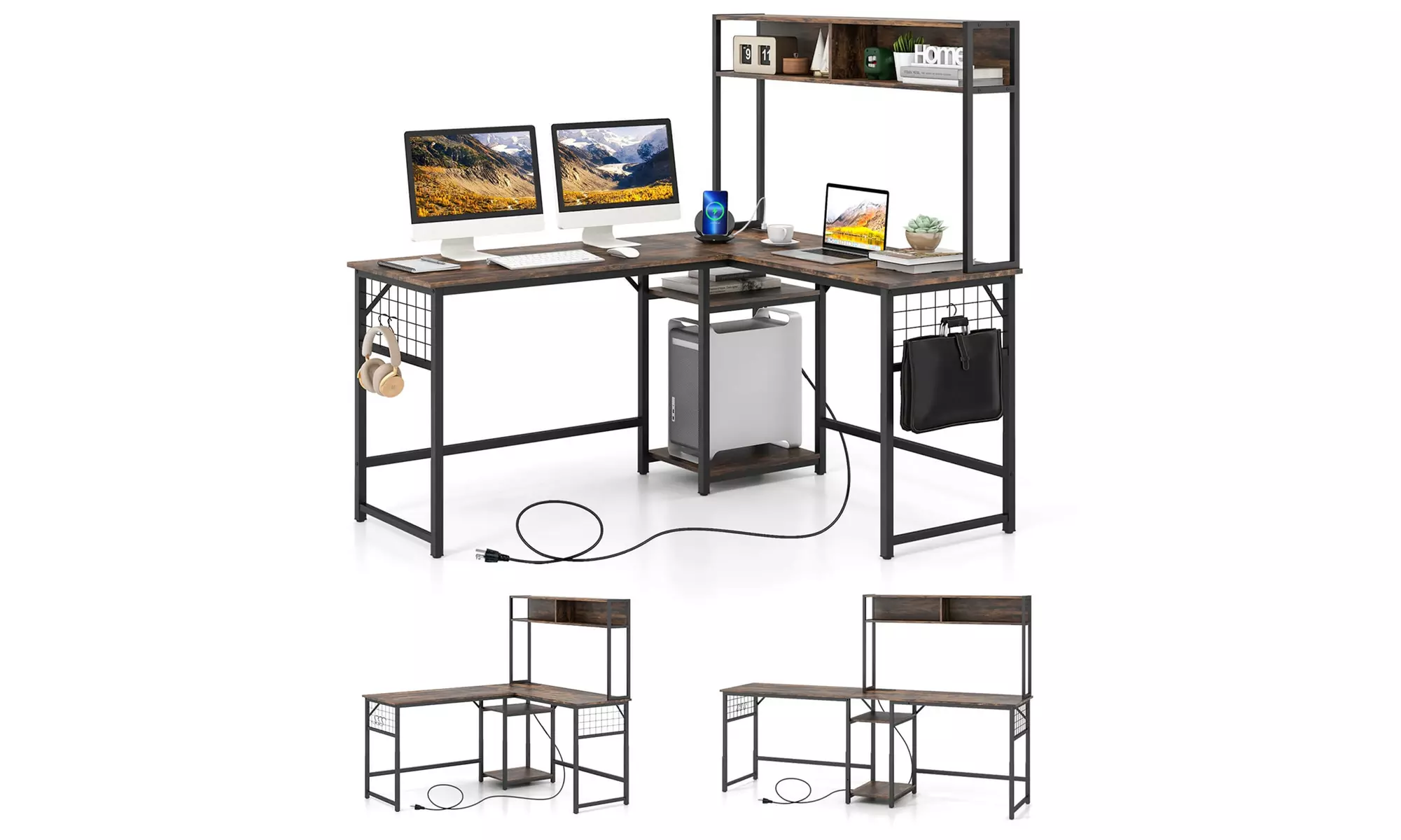 L-shaped Desk with Power Outlet Large Corner Desk Converts to 2-Person Long Desk