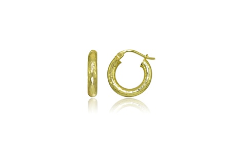 3x15mm Round Diamond-Cut Polished Gold Plated 925 Silver Small Hoop Earrings Sterling Silver