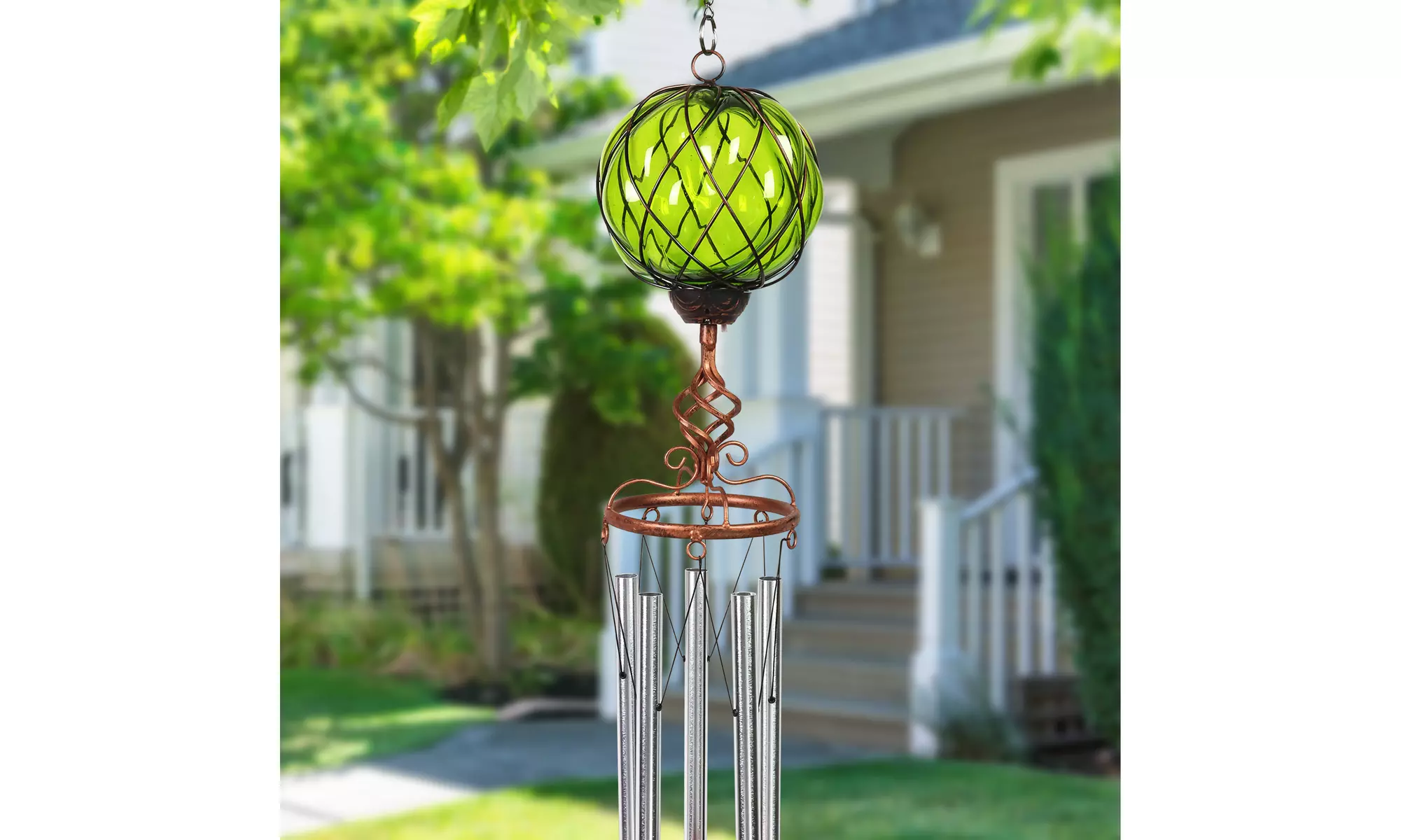 Exhart Solar Caged Glass Wind Chime with Metal Finial, 6 by 45 Inches - Primary Image