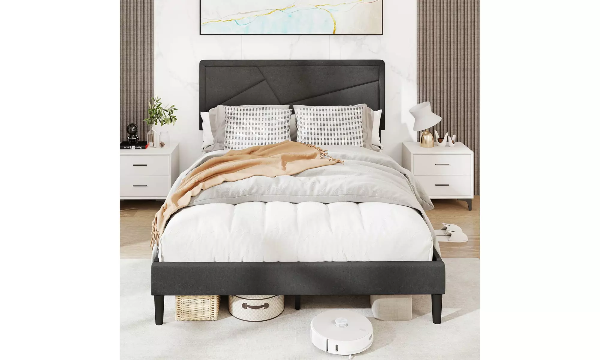 Costway Bed Frame with High Headboard and Wooden Slats