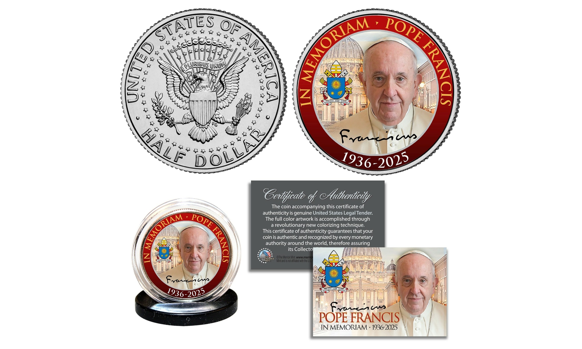 Merrick Mint POPE FRANCIS In Memoriam 1936-2025 U.S. JFK Half Dollar Coin