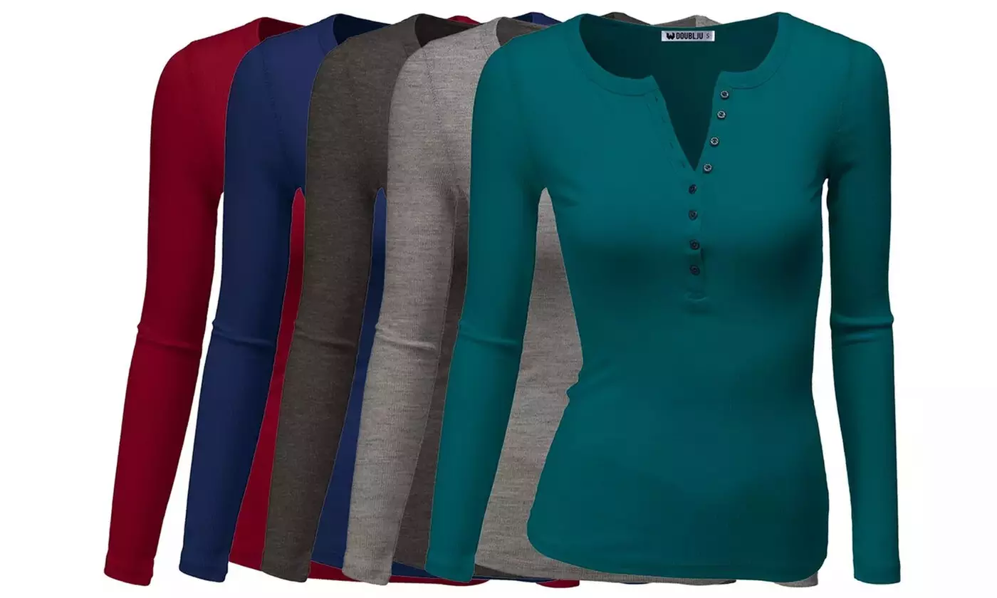 Doublju Women's Thermal Henley Long Sleeve Top with Plus Size - Primary Image
