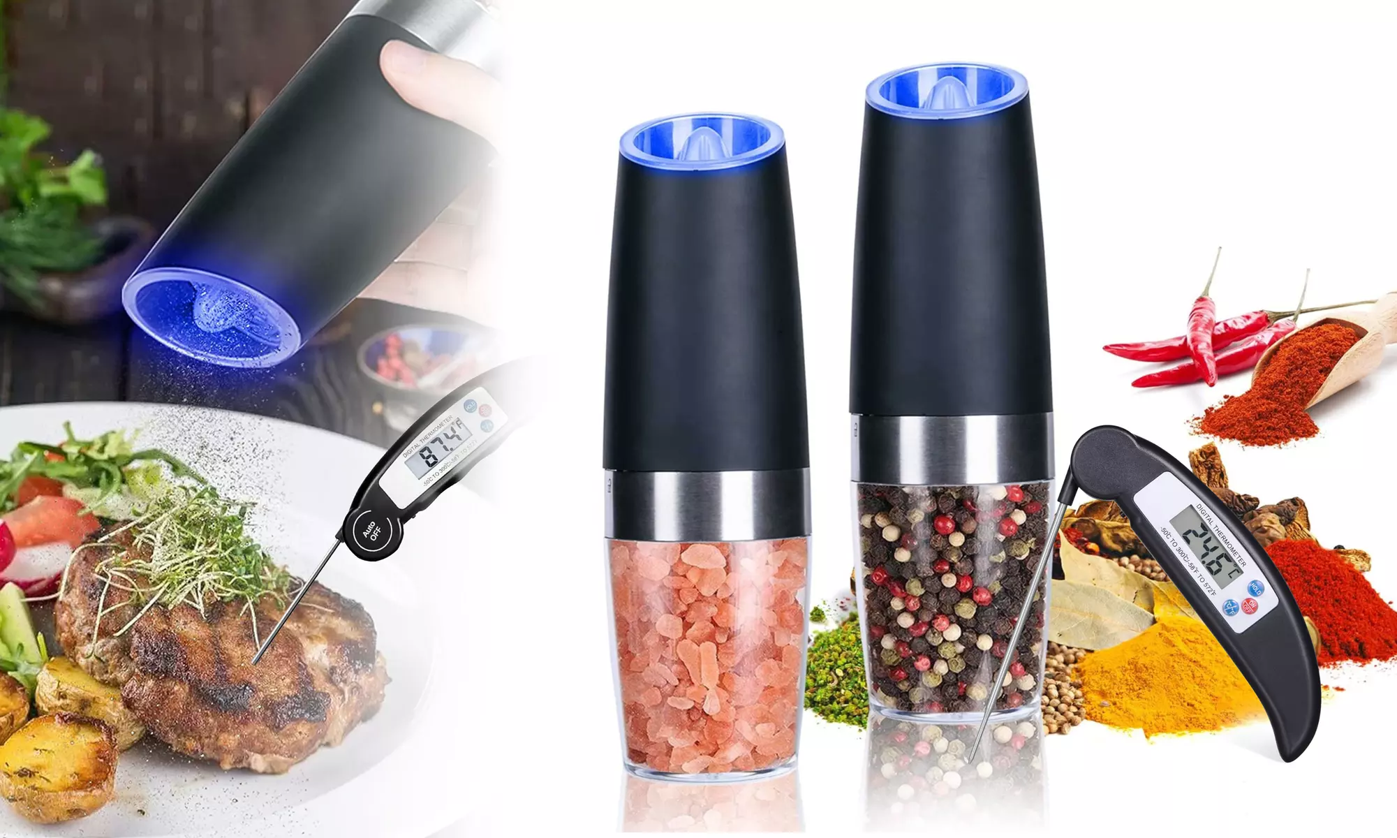 Gravity Electric Salt & Pepper Grinder Set Digital Instant Read Meat Thermometer - Primary Image