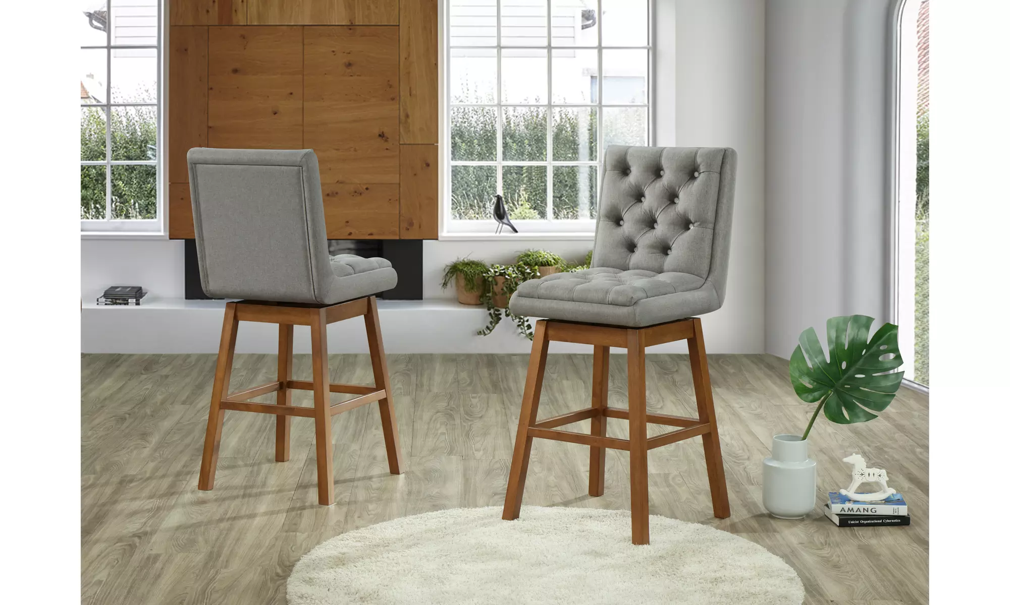 Gregory Fabric and Walnut Brown Wood 2-Piece Swivel Bar Stool Set - Primary Image