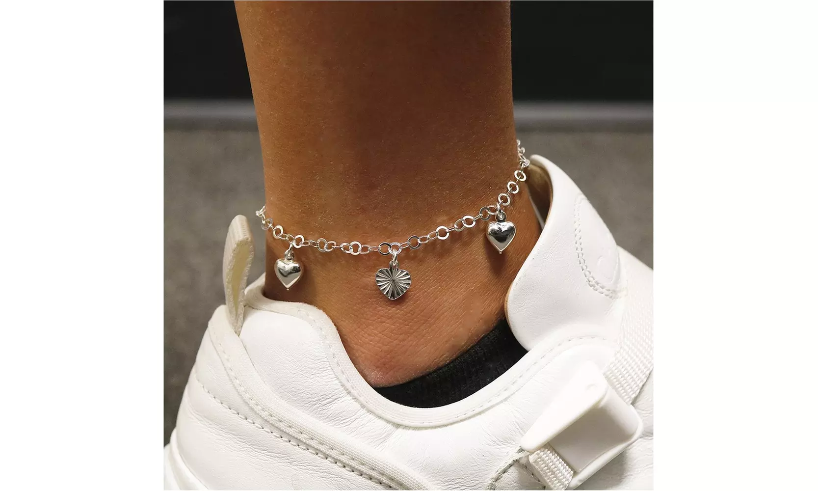Italian Solid Sterling Silver Diamond Cut Heart Charm Anklet