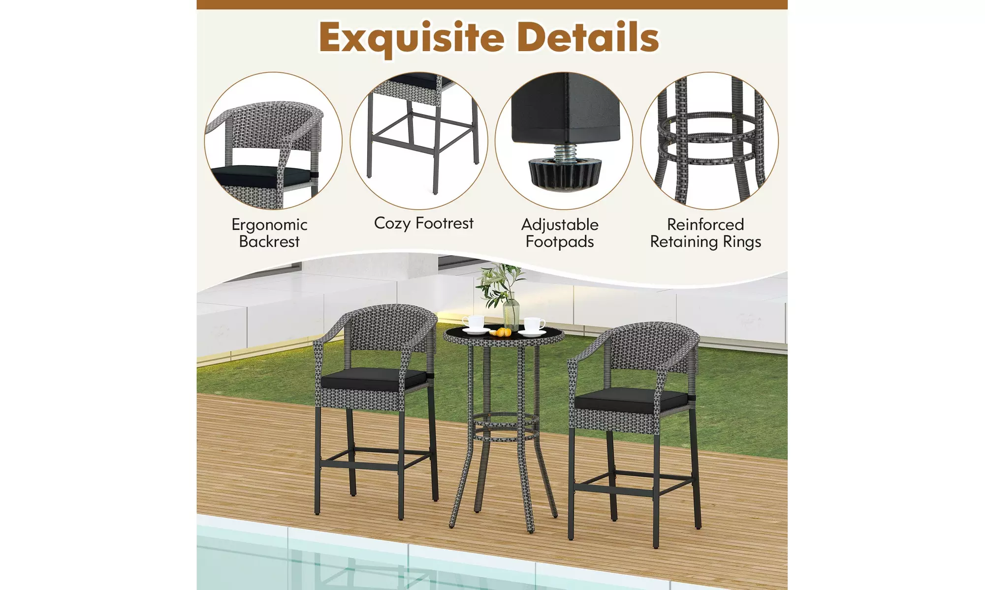 Costway 3-Piece Patio Rattan Bar Set Wicker Bar Height Armchairs and Round Table