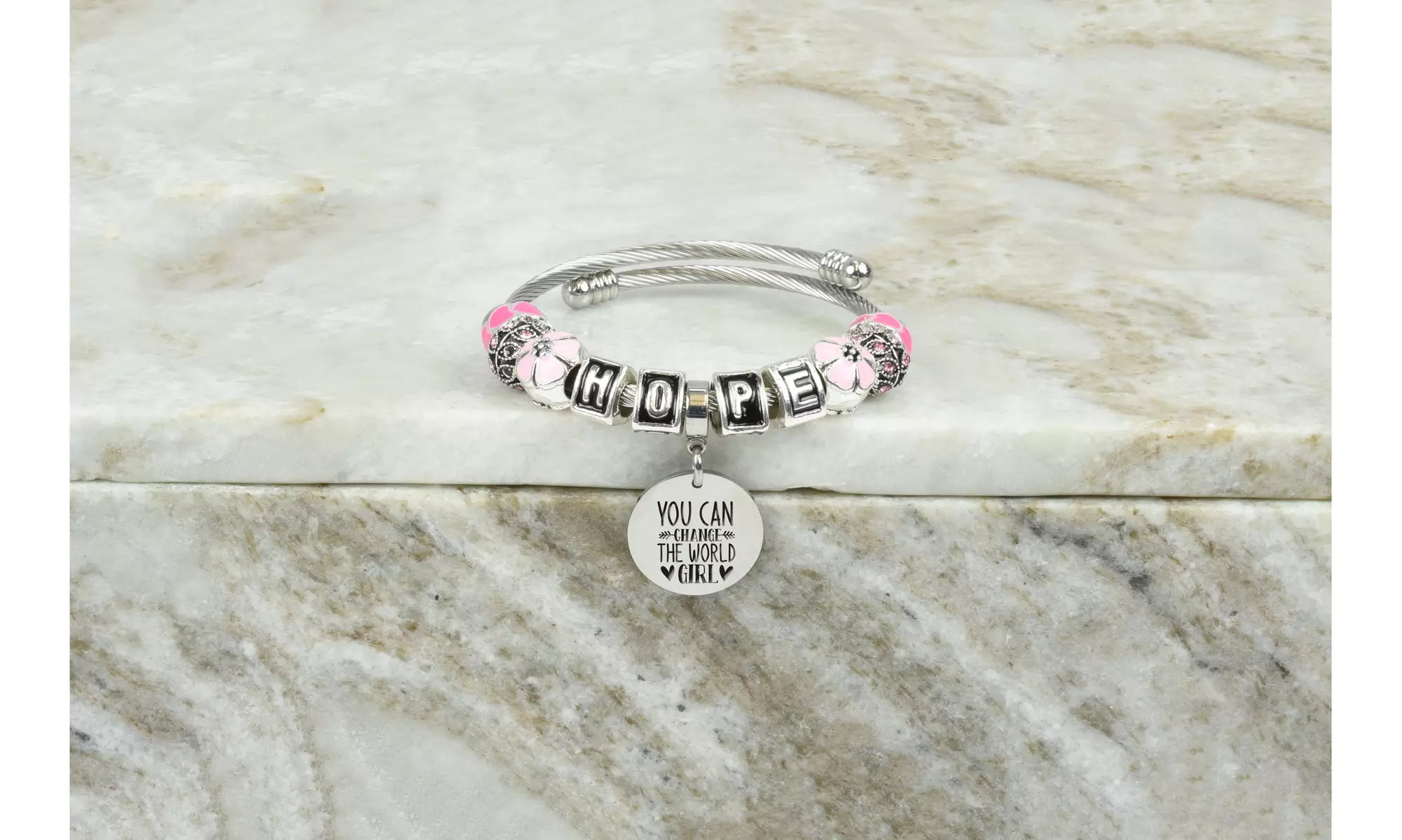 Kid's Open Cable Inspirational Hope Charmed Bracelet By Pink Box - Primary Image